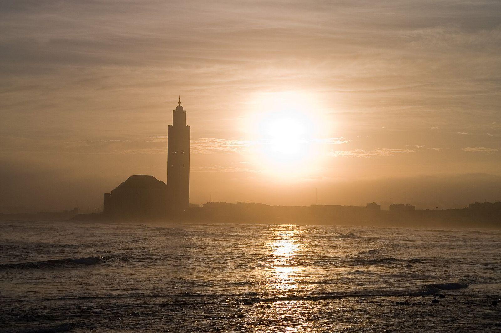 Casablanca skyline with white buildings and the Atlantic coast under a clear sky