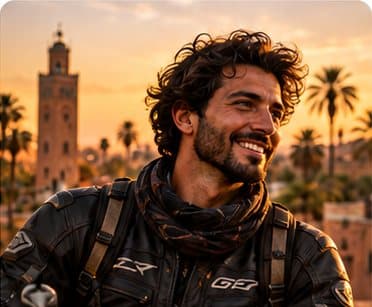 Smiling rider with curly hair and a leather jacket in front of the Koutoubia minaret at sunset