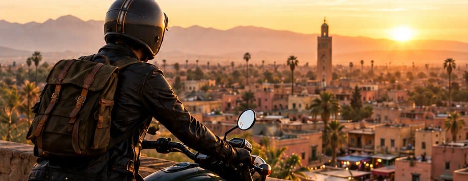 Rider with a helmet and backpack on a motorcycle overlooking Marrakech rooftops and the Koutoubia at sunset