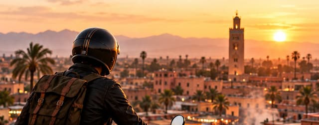 Rider in a black helmet and leather jacket looking over Marrakech and the Koutoubia minaret at sunset