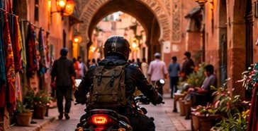 A motorcycle rider and passenger riding past the ochre walls of the Marrakech medina